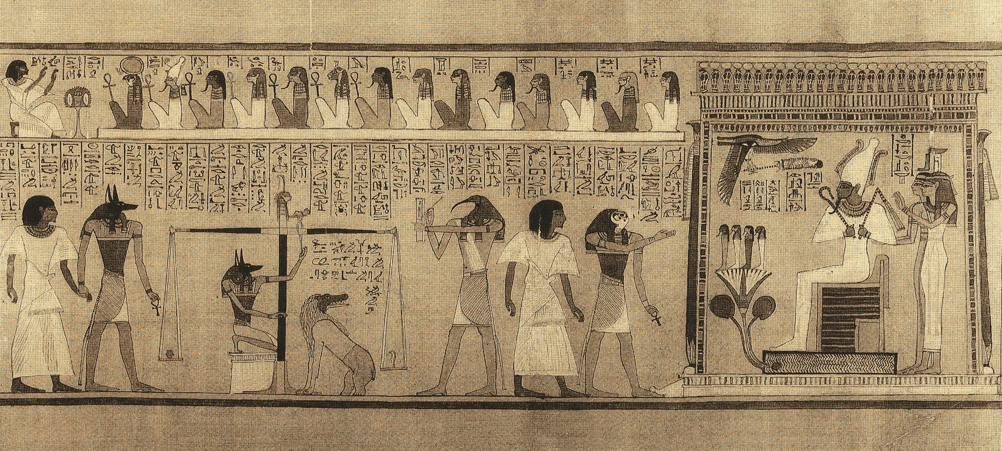 Ancient Egyptian papyrus showing human figures, gods, deities, hieroglyphs, and a balance scale in sepia tones.